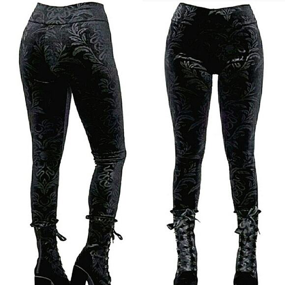 Black Patterned Velvet Burnout Leggings - Picture 1 of 4